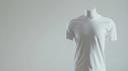 A simple, clean image shows a headless mannequin wearing a plain white, short-sleeved t-shirt against a light grey background.  The focus is on the garment's texture and fit