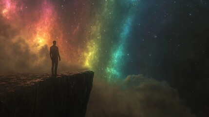 A silhouetted figure stands on a cliff edge, gazing at a vibrant, colorful nebula in a night sky filled with stars and clouds.  The scene evokes wonder and contemplation