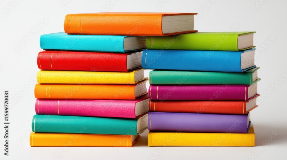 Poster a stack of brightly colored books is arranged on a white surface, displaying a range of hues includi