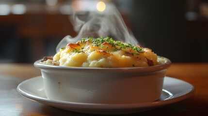 A steaming bowl of creamy mashed potato topping, possibly a shepherd's pie or similar dish, sits on a wooden table in a restaurant setting. 