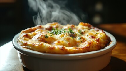 A steaming, golden-brown casserole, possibly shepherd's pie, in a white bowl rests on a dark wood table, illuminated by warm light
