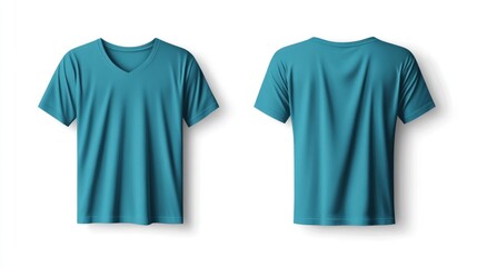 A teal v-neck t-shirt is shown from front and back, showcasing a plain design with short sleeves, against a white background.  The shirt has a realistic, soft texture and subtle shadows
