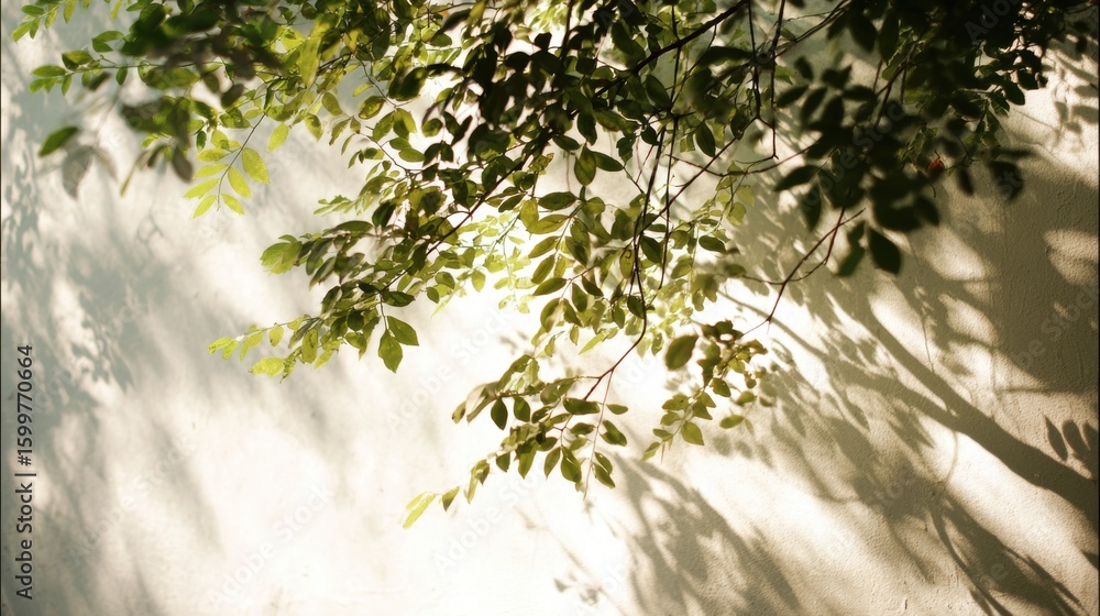 Poster sunlight filters through lush green leaves, creating intricate shadows on a light-colored wall in a 