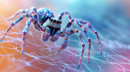 A vibrant, iridescent jumping spider rests on a web, its colorful body and legs contrasting against the pastel-hued background.  The intricate web details are visible, showcasing a digital art style