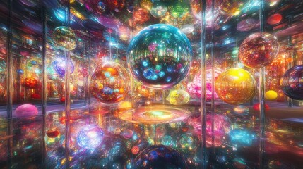A vibrant, immersive installation featuring numerous iridescent spheres of varying sizes suspended from the ceiling, reflecting colorful light and creating a kaleidoscopic effect on a mirrored floor