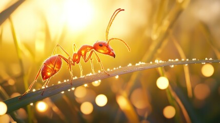 A vibrant red ant, glistening with dew, walks along a blade of grass at sunrise, backlit by a warm golden light, bokeh effect in background