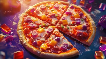 A vibrant pizza, sliced and ready to serve, is the centerpiece of this image. 