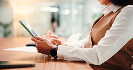 Hands, tablet and business woman in office for report, reading email or insurance review. Worker,...