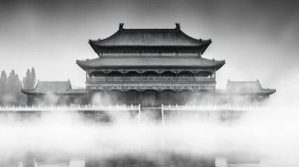 Misty Morning at the Imperial Palace: A Serene Black and White Panorama