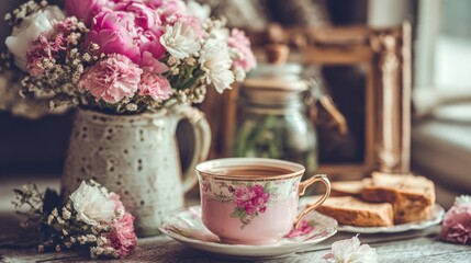 Pink flowers and teacup arrangement on a rustic wooden table.