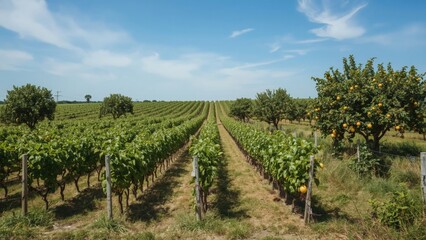 Naklejka premium Vineyard Landscape With Rows Of Grapevines Under A Bright Sky