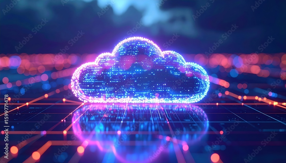 Poster high technology cloud network illustration with digital data stream and neon lights reflecting on a 