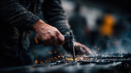 Greasy Hands Mid Action Using Spark Plug Wrench in Workshop Scene