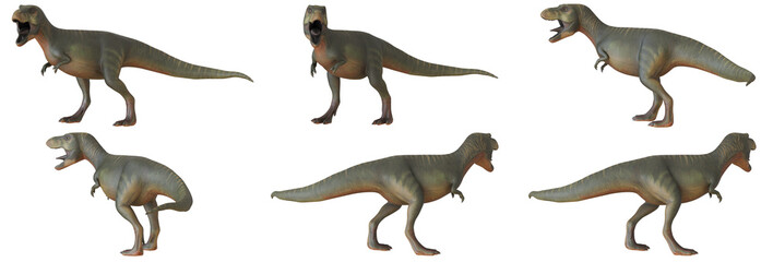 3D models of a roaring Tyrannosaurus rex dinosaur.