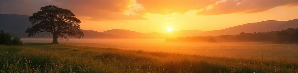 Obraz premium Serene sunrise over a tranquil landscape, bathed in soft, golden light Perfect for backgrounds, calendars, or peaceful imagery Ideal for promoting calm, serenity, and relaxation , pattern, sky