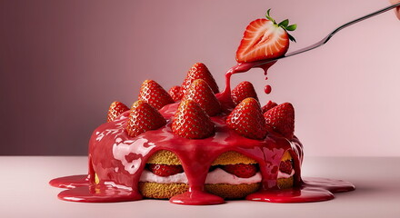 Strawberry Sponge Cake with Cream and Strawberry Sauce