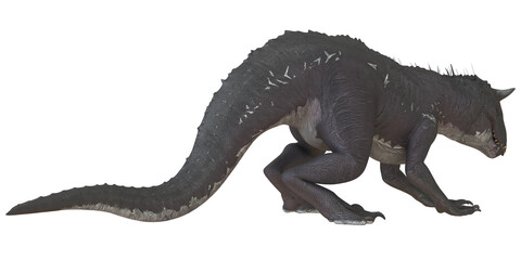 Realistic 3D rendering of a crouching dinosaur