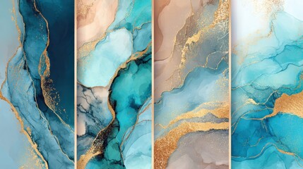 Naklejka premium Bright colors blend in abstract marble patterns with gold accents. The artwork enhances a contemporary space, creating a visually striking atmosphere.