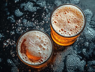 Two Cold Beer Glasses with Foamy Heads and Bubbles on a Dark Surface
