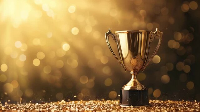 A golden champion trophy gleaming in the spotlight against a magical background with colorful confetti celebration, symbolizing success, victory, and jubilation.