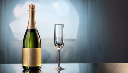Une flute à champagne au coté d'une bouteille de champagne sur un fond flouté.