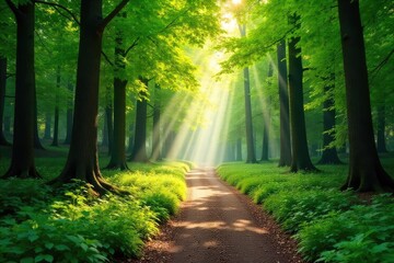 Obraz premium Sun-dappled forest path winds through lush green canopy, sunlight filtering through leaves, creating a magical summer scene Perfect for travel, nature, and summer themes , sunshine, outdoor