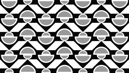 Monochrome seamless geometric pattern featuring gray half-circles and black triangles in a zigzag layout. Ideal for modern backgrounds, textiles, and graphic design