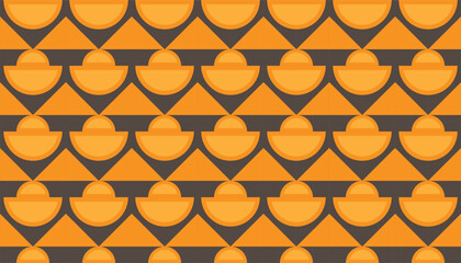 Retro geometric pattern with repeating semi-circles and triangles in orange and dark brown.