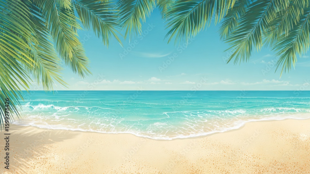 Poster waves gently lap at the shore under a bright blue sky. lush palm trees frame the scene, creating a t