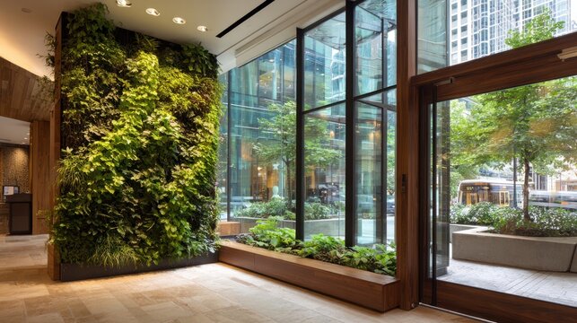 Modern indoor urban space with vertical garden - Powered by Adobe