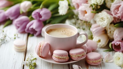 Pink macarons, coffee, and tulips on a white wooden table.