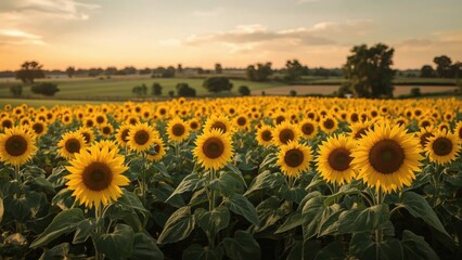 Obraz premium Golden Sunflowers Flourishing In Summer Field Against Cloudy Sky