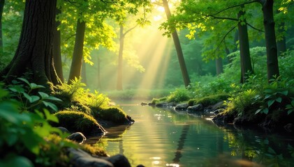 Obraz premium Tranquil forest scene with sunlight filtering through leaves, creating a natural, serene bathing experience in nature Perfect for relaxation and well-being themes , serenity, plants, trees