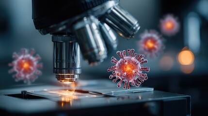 Microscope displays glowing virus models in sterile lab setting, illustrating diagnostic research, virology advancement, and precision pathogen studies in digital medical labs.
