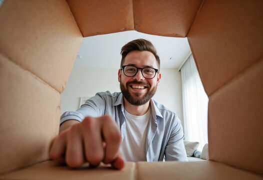 Smiling man unboxing a delivery package, reaching into a cardboard box with excitement.