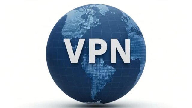 A 3D globe, dark blue, with a light-white VPN acronym displayed prominently.  The globe is detailed with a dotted world map and a grid pattern