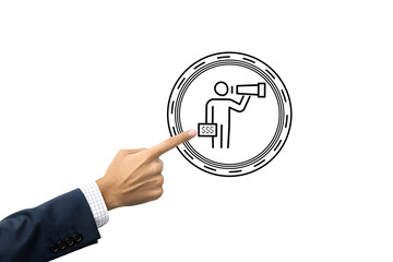 Hand pointing at icon of businessman with briefcase using telescope in circle, symbolizing vision, strategy, foresight, planning, and future opportunities