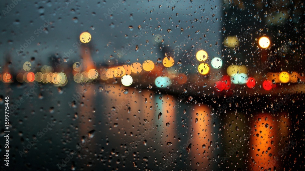 Poster rain droplets create a blurred effect on the window, framing a cityscape filled with glowing lights 