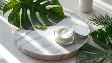 Natural skincare cream jar surrounded by lush green tropical leaves and sunlight