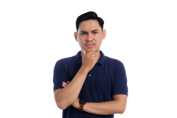 Thoughtful Asian man with serious expression and hand on chin thinking deeply isolated on transparent background