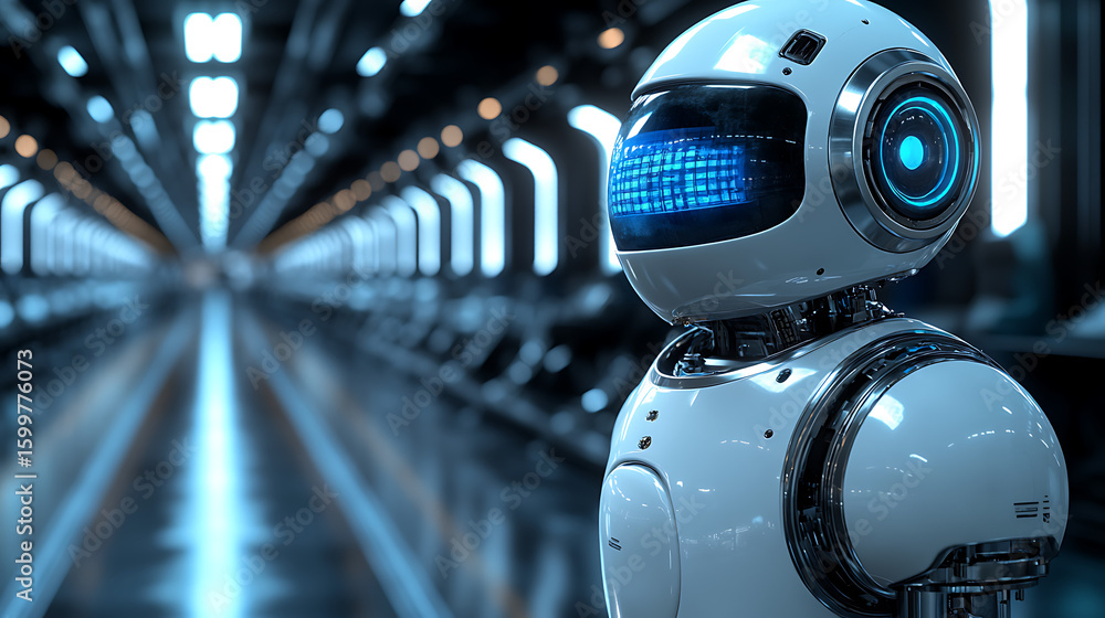 Aufkleber white friendly robot exploring a futuristic server room corridor