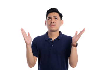 Confused Asian man raising hands and looking up with questioning expression isolated on transparent background