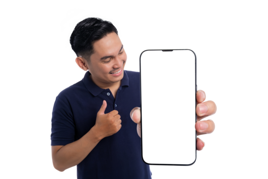 Smiling man giving thumbs up while holding smartphone with blank screen isolated on transparent background