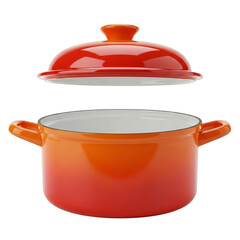 Vibrant orange enamel cooking pot with lid slightly ajar, showcasing its clean white interior and sturdy handles, perfect for culinary content.