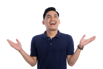 Happy man looking up with joyful expression and raised hands isolated on transparent background