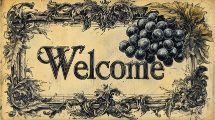 Vintage Welcome Sign with Grapes and Ornate Frame