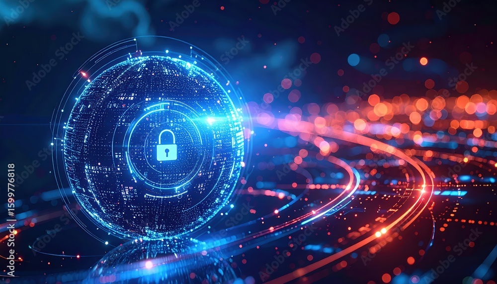 Poster futuristic digital lock security icon with glowing blue hologram and data stream in a dark abstract 