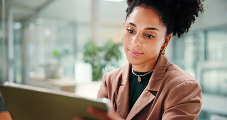Research, tablet and business woman in office for report, reading email or insurance review....