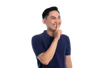 Smiling man making shushing gesture with finger on lips isolated on transparent background