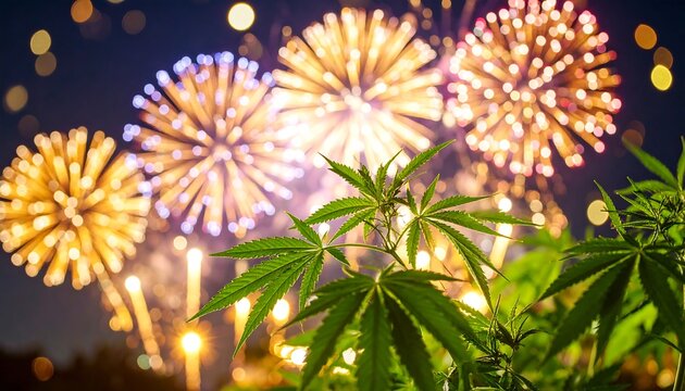 Fireworks explode behind vibrant cannabis plant